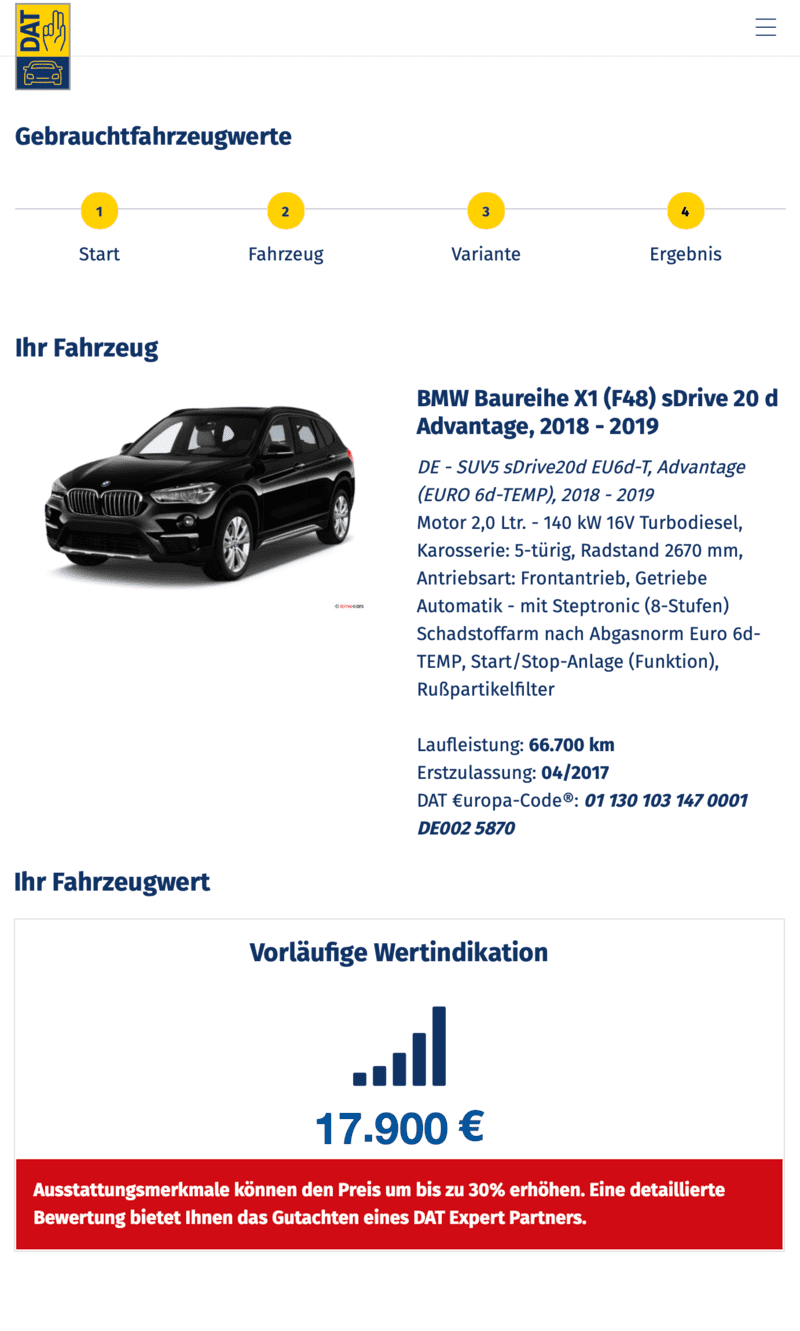 DAT Fahrzeugbewertung Ergebnis